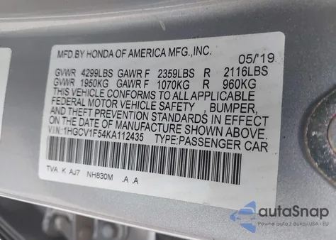 2019 Honda Accord Ex-L z USA, uszkodzony, nr VIN 1HGCV1F54KA112435